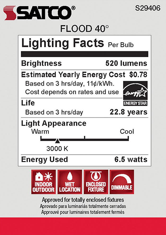 Lighting facts label showing 520 lumens, 6.5 watts, warm 3000K light, dimmable for indoor and outdoor enclosed fixtures