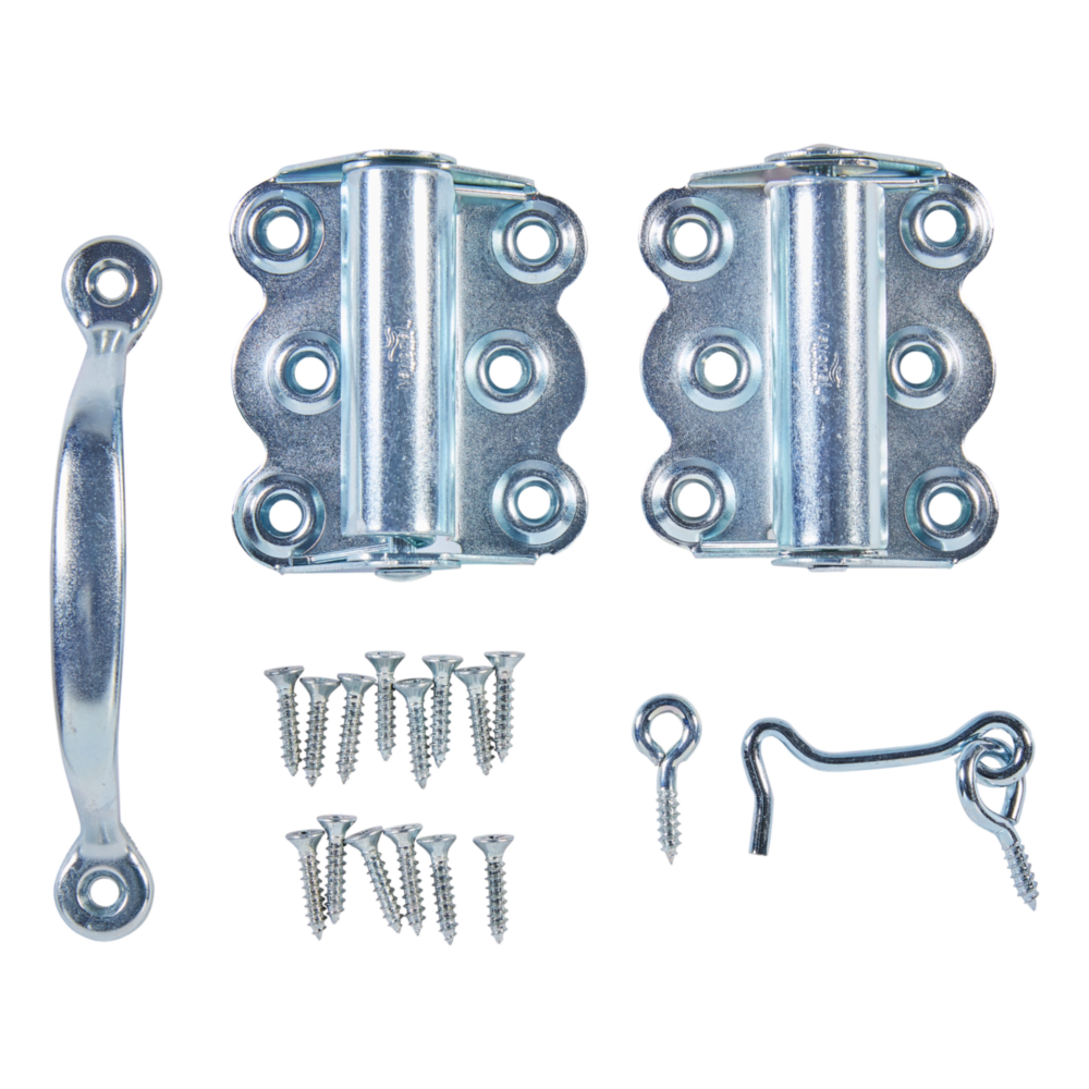 Zinc-plated screen door hardware set with hinges, hook and eye latch, handle, and mounting screws for home improvement projects