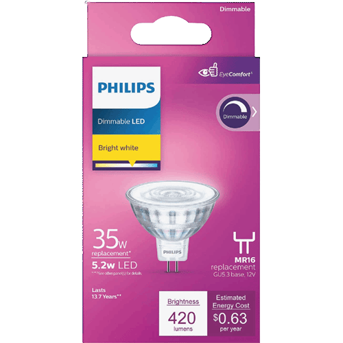 Packaging for Philips dimmable LED bright white MR16 spotlight bulb with GU5.3 base, energy-saving home lighting