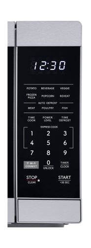 Close-up of control panel on stainless steel smart countertop microwave oven with digital display and preset cooking options