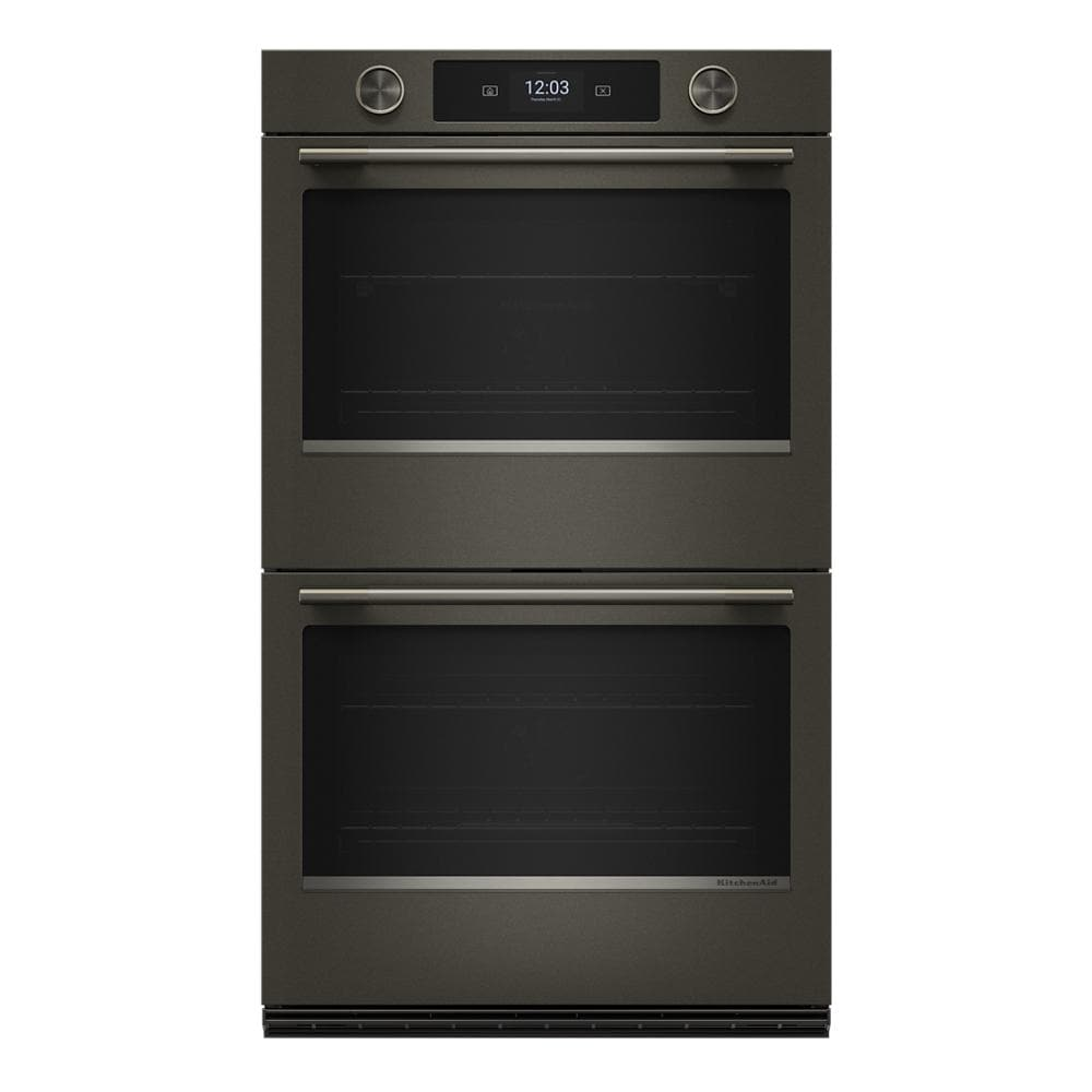 Front view of a 30-inch black ore smart electric double wall oven with stainless steel handles, digital display, and control knobs, part of KitchenAid Appliances and Double Wall Ovens collections for home improvement.