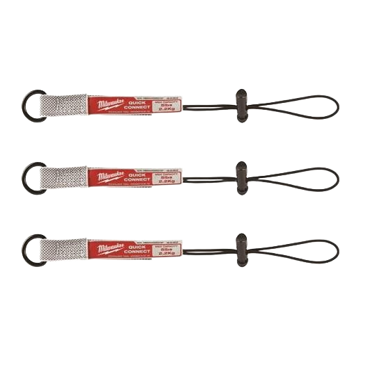 Three Milwaukee quick-connect tool lanyards with metal rings and fabric safety straps for tool security and home improvement tasks