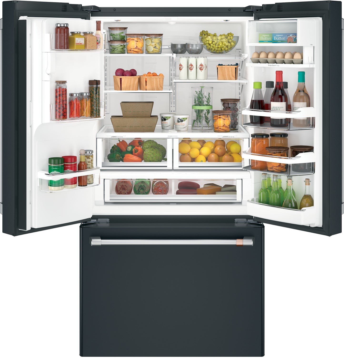 Open black smart French-door refrigerator with organized fresh groceries and bottom freezer drawer in kitchen appliance collections