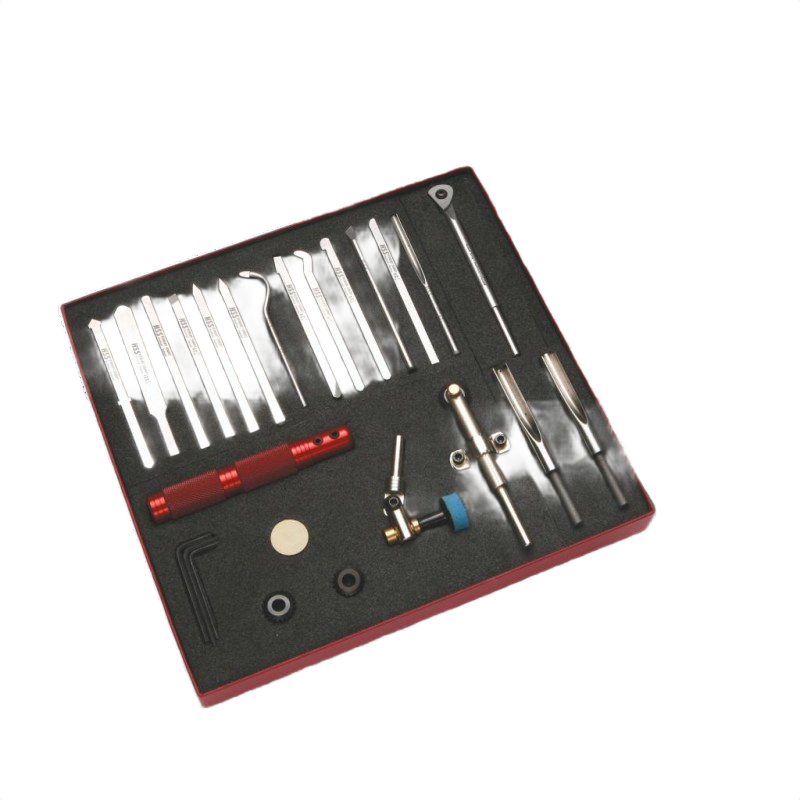 Set of precision micro turning tools and modular accessories organized in a foam insert for woodworking projects