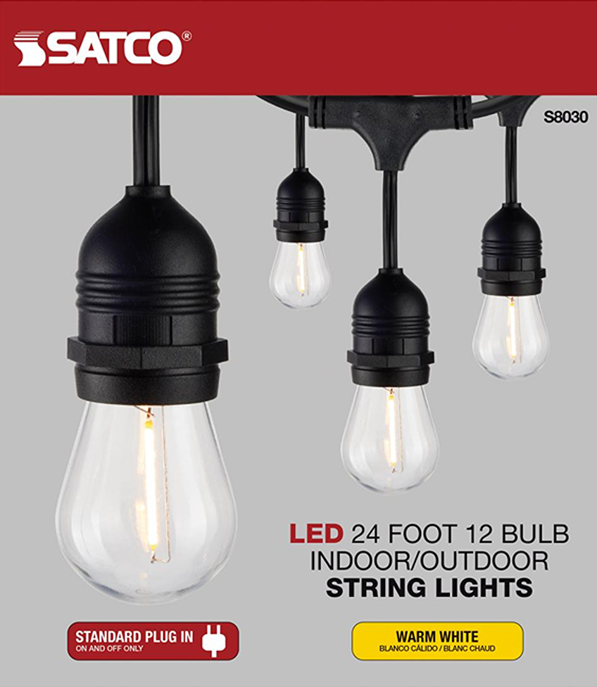 Black LED string light set with 12 warm white bulbs for indoor and outdoor home improvement use