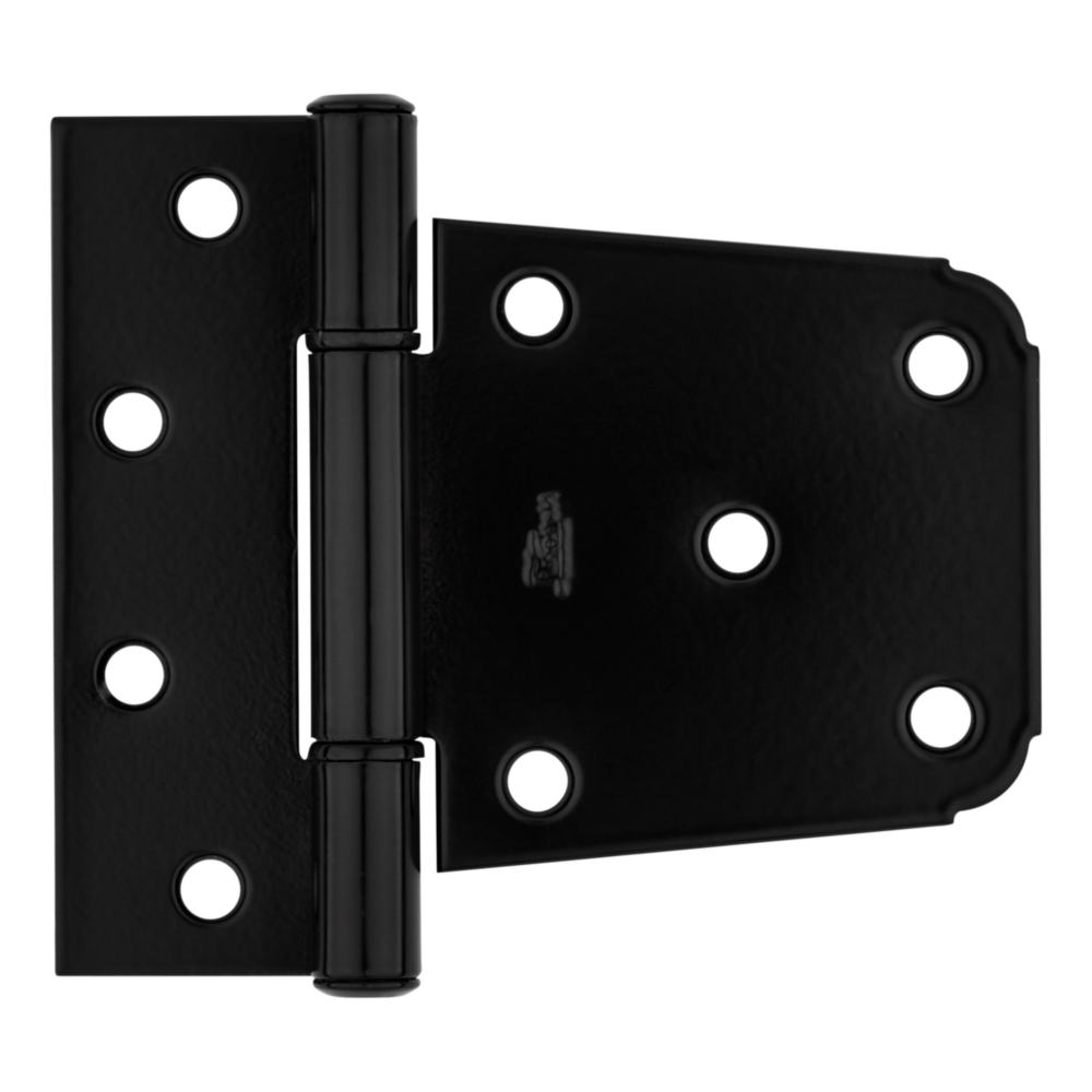 Black heavy-duty gate hinge with multiple mounting holes for durable door installation in home improvement projects