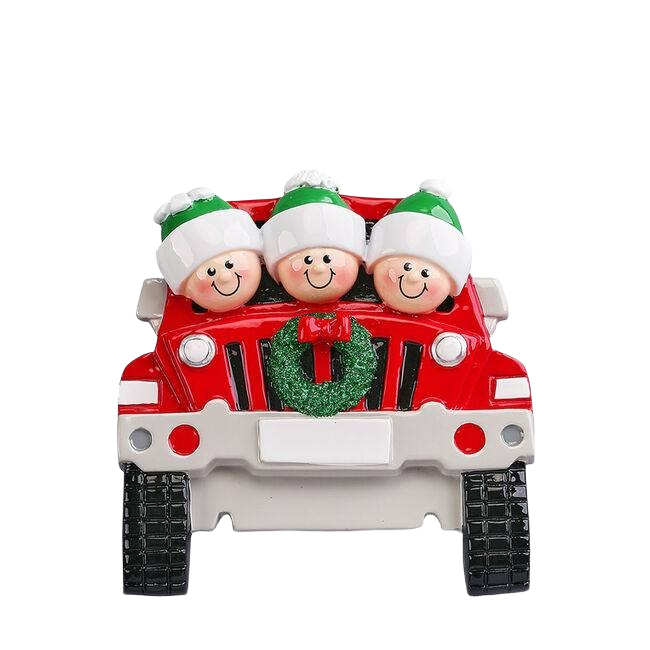 Red SUV ornament featuring three smiling faces wearing green and white hats with a festive wreath for Christmas decor under $50 collection