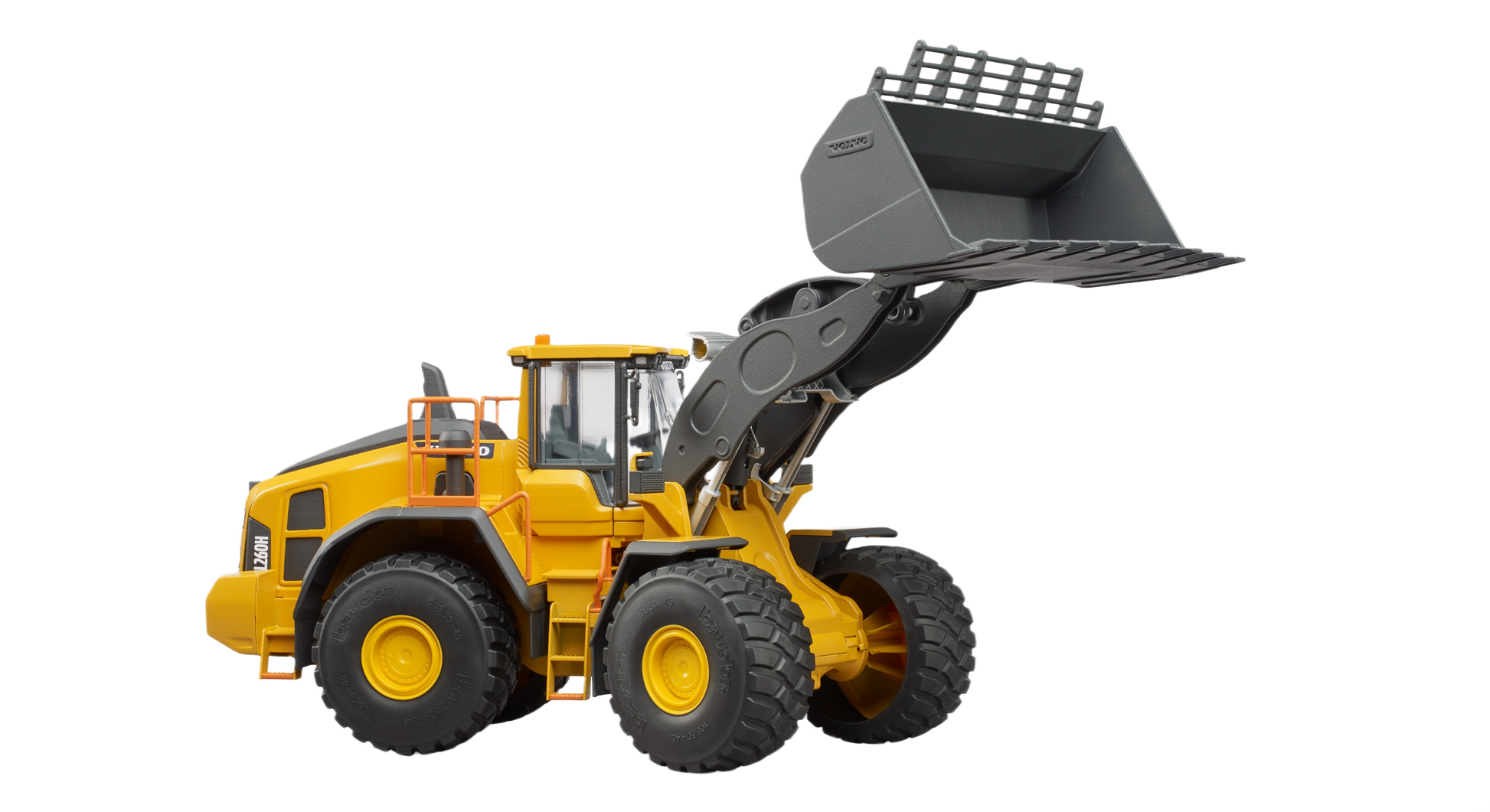 Yellow Bruder Volvo Wheel Loader L260H toy with articulated arm and large gray loading bucket for construction play