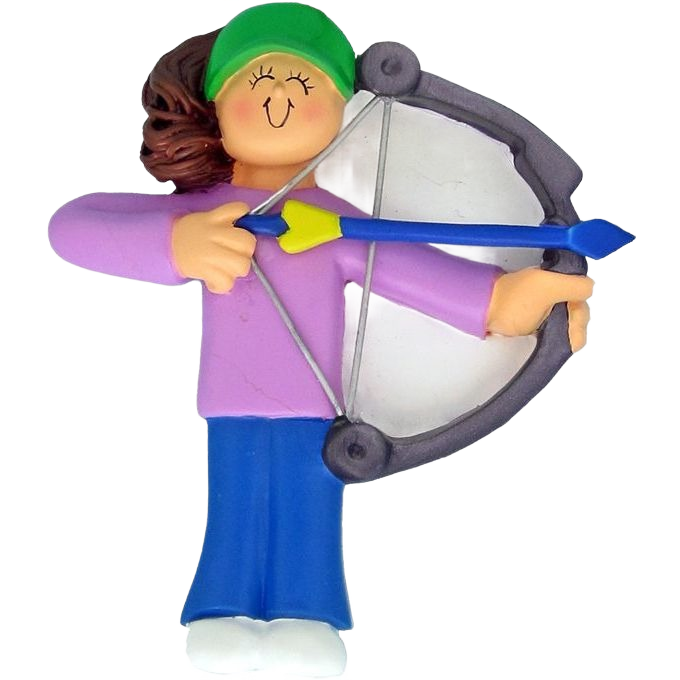 Brunette female figurine with green hat holding bow and arrow for Christmas Ornaments & Tree Decorations collection