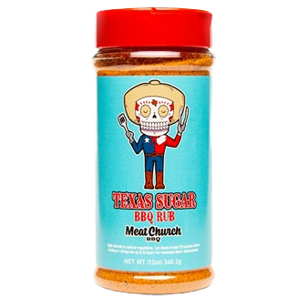 Bottle of gluten-free Texas sugar BBQ rub with colorful skull chef label in grilling sauces and spices collection