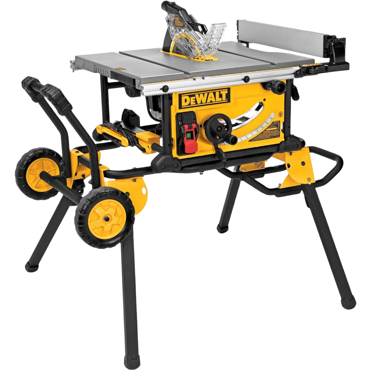 Yellow and black compact table saw with rolling stand for woodworking and power tool projects under $50 collections