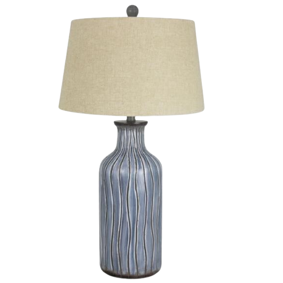 31-inch table lamp with misty blue wave-patterned ceramic base and beige fabric shade for home lighting under 100 dollars