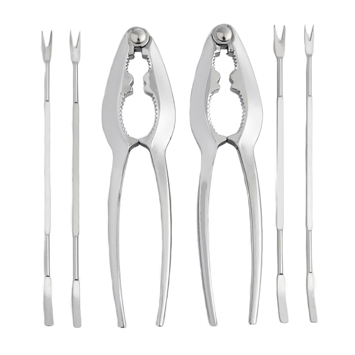 Two zinc alloy shell crackers with four stainless steel seafood picks for kitchenware and home tool use collections