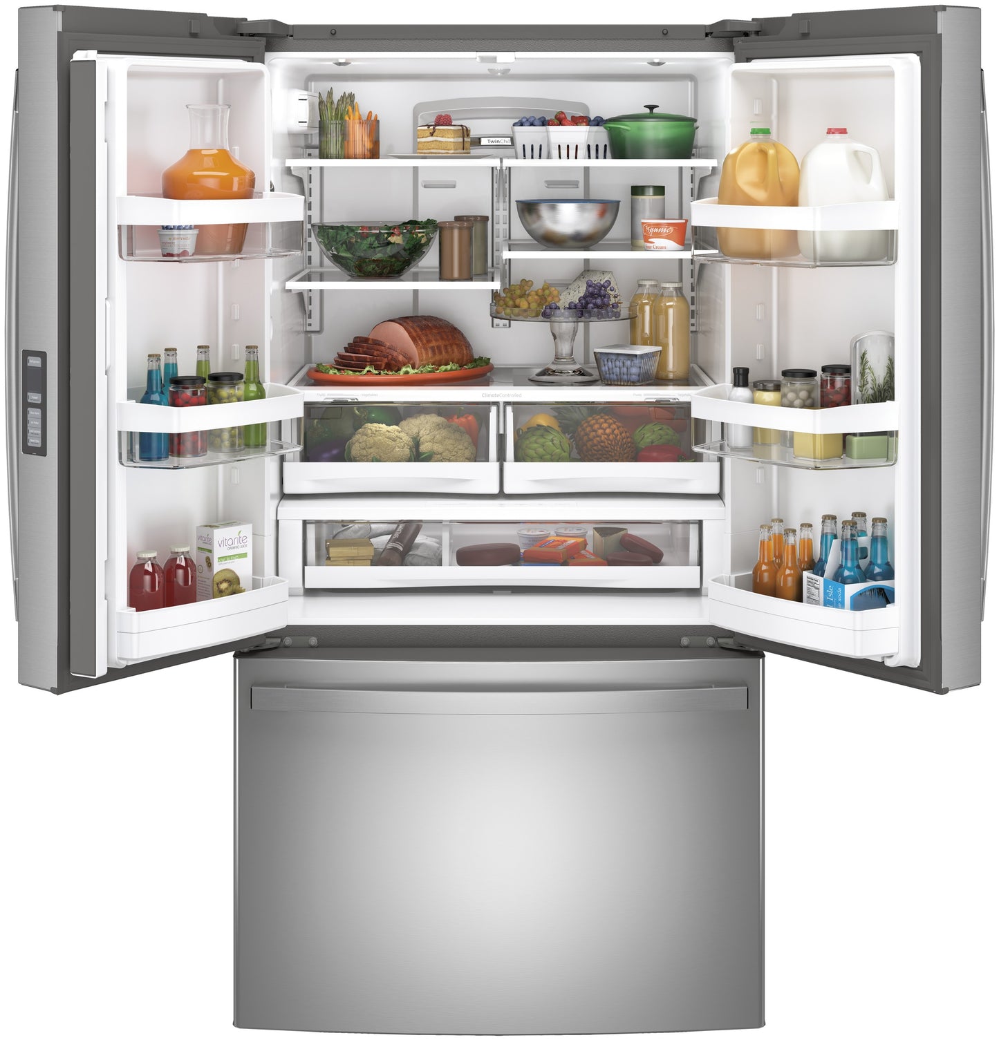 Spacious fingerprint resistant French-door refrigerator with organized fresh produce, beverages, and deli meats in kitchen appliances collection