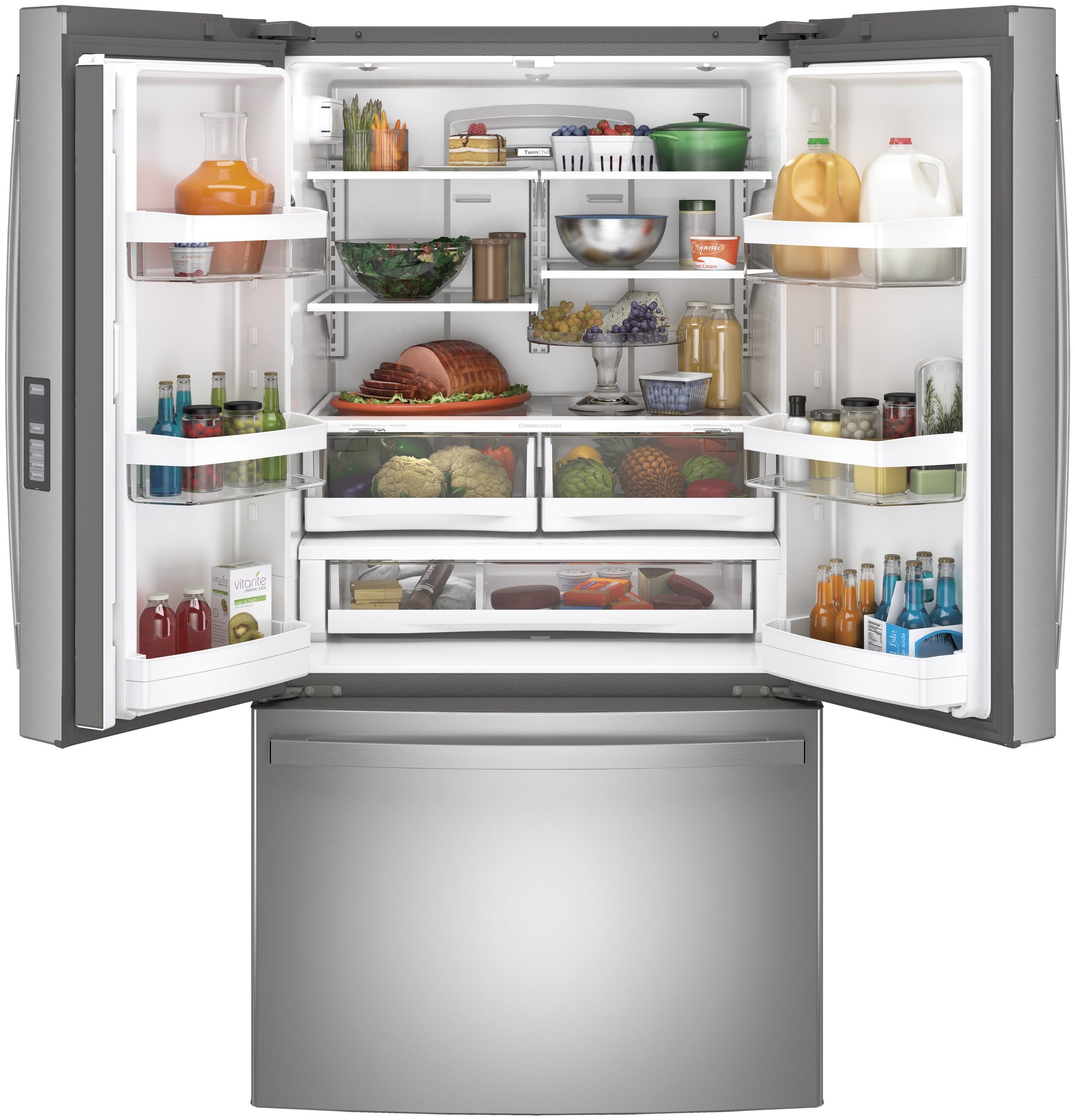 Spacious fingerprint resistant French-door refrigerator with organized fresh produce, beverages, and deli meats in kitchen appliances collection