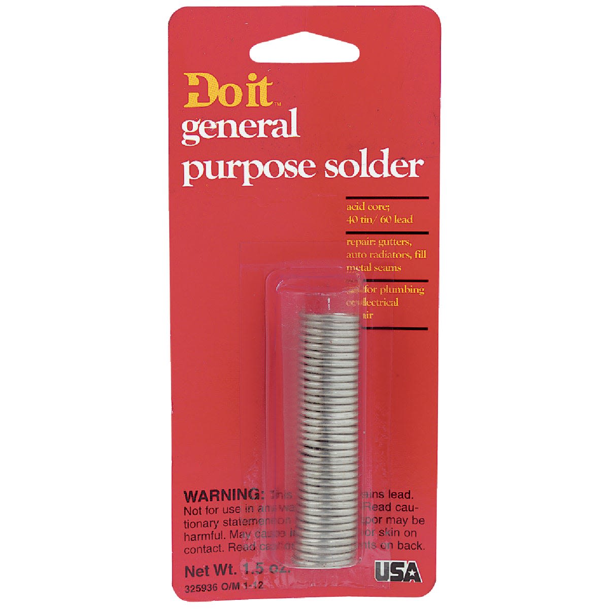 General purpose solder coil with acid core containing 40% tin and 60% lead for home improvement tasks