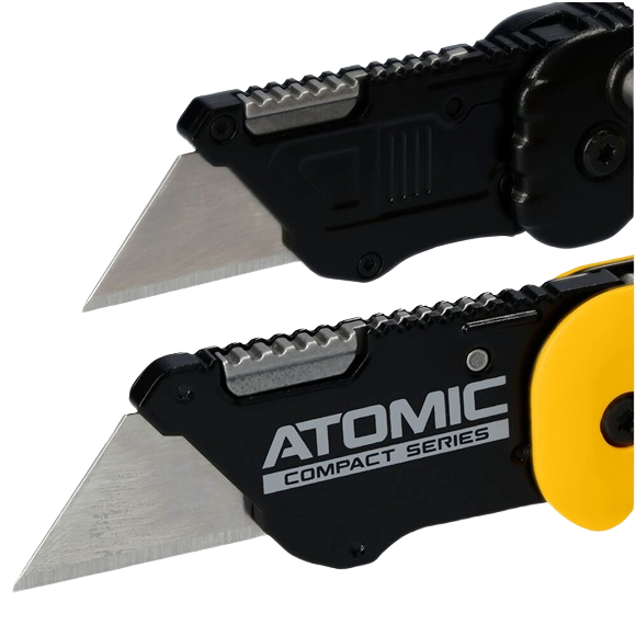 Two compact folding utility knives with push and flip blades in black and yellow for woodworking and cutting tasks