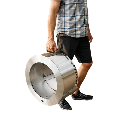 Person carrying a stainless steel portable smokeless fire pit for outdoor living and patio furniture use