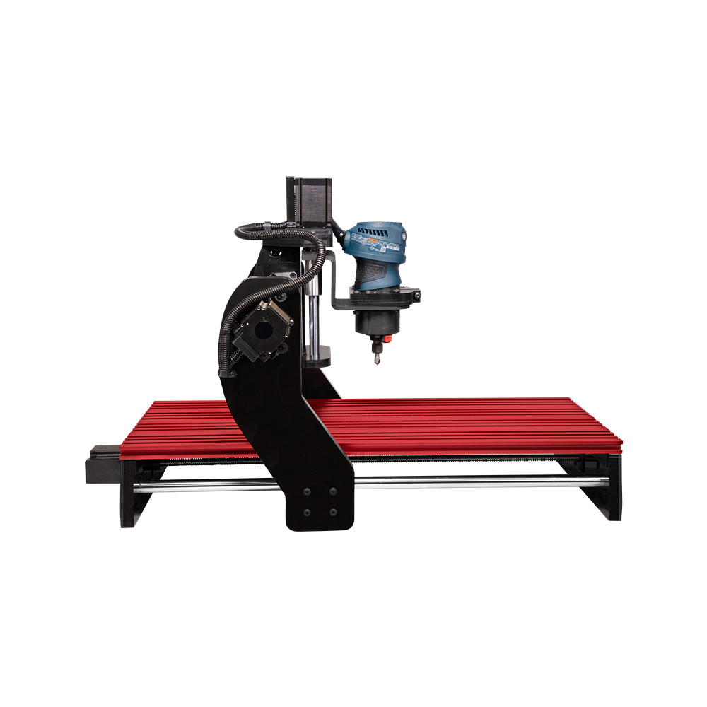 Compact CNC router with red aluminum bed and blue spindle designed for precision home improvement and tool projects