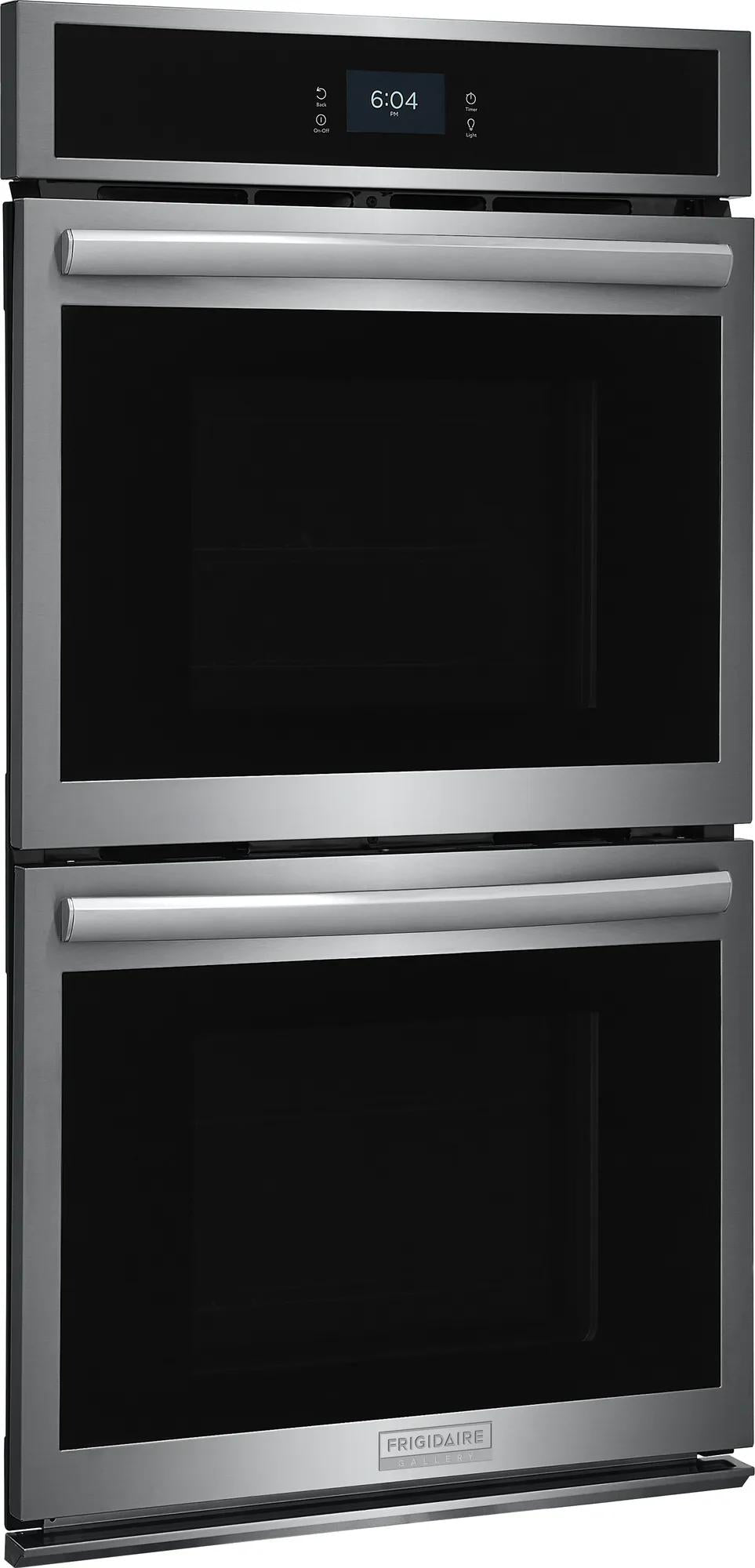 Stainless steel double electric wall oven with sleek handles and digital control panel in modern kitchen appliance collection