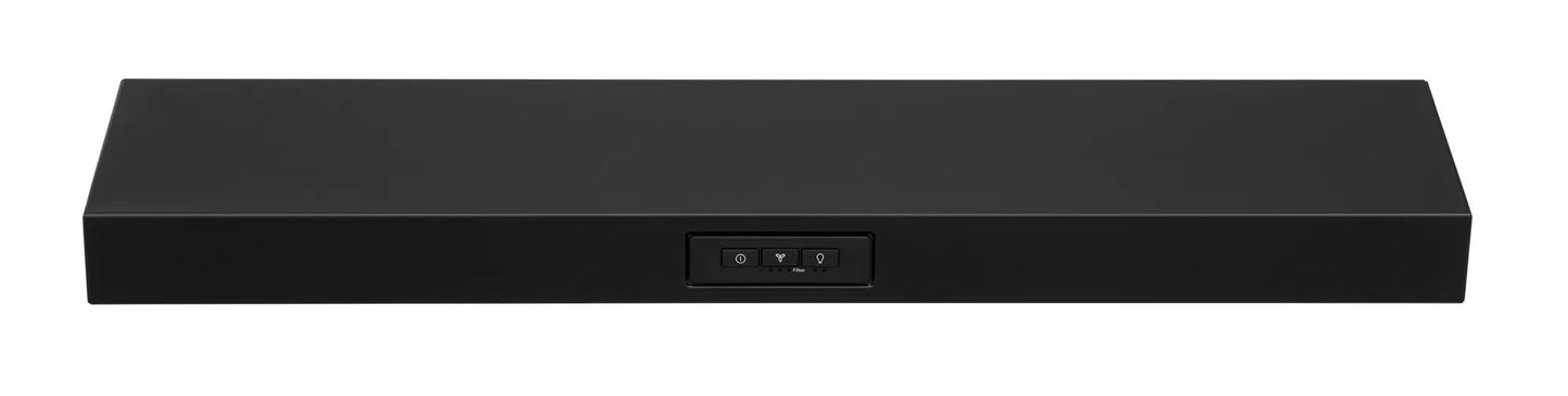 black undercabinet ventilation hood with control panel in kitchen appliances and range hoods collection