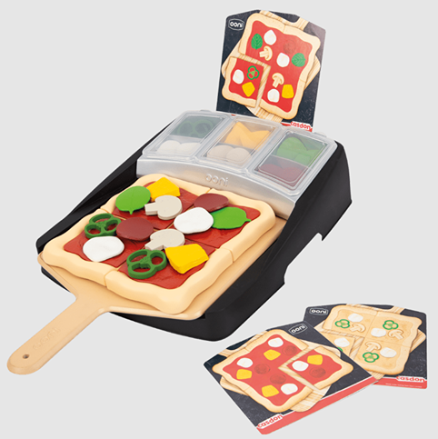 Toy pizza topping station with assorted plastic toppings and recipe cards for imaginative play and cooking fun