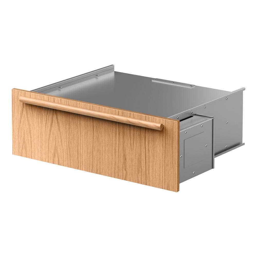 Three-quarter view of a warming drawer with a light wood front panel and metal body, part of KitchenAid Wall Ovens, Kitchen & Kitchenware, Appliances, and Home Improvement collections.