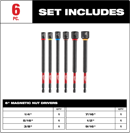 Six-piece set of 6-inch magnetic nut drivers with color-coded shafts for power tool accessories under $50 collections