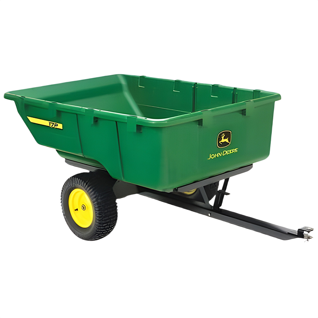 Green poly utility cart with 17 cubic feet capacity, yellow wheels, and hitch for garden and outdoor yard tasks