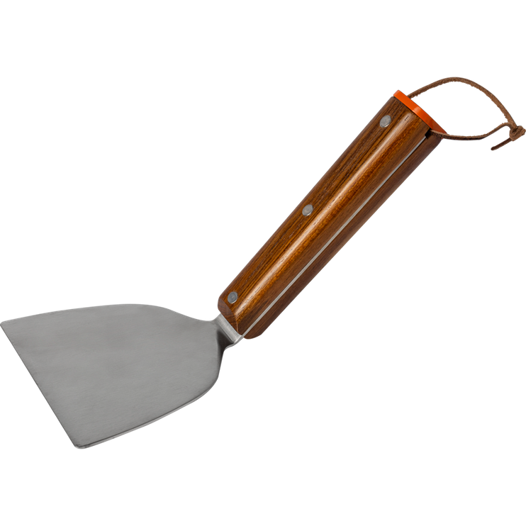 Metal spatula with wooden handle and leather hanging loop for outdoor grilling and kitchen tool accessories
