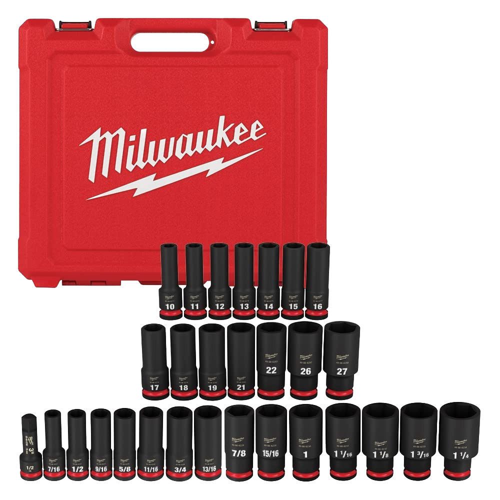 Red plastic case with a set of black impact duty deep sockets for hand tool and home improvement projects