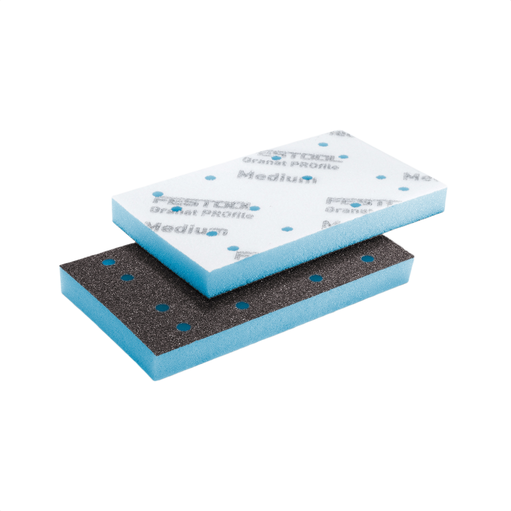 Two blue-backed abrasive sanding pads with perforations for dust extraction in tool accessories setting