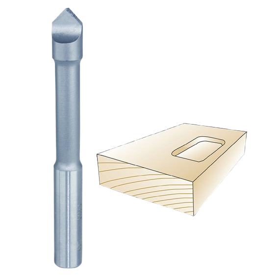 Steel panel router bit with pilot plunge point next to wooden block with routed rectangular inset for tool accessories collections