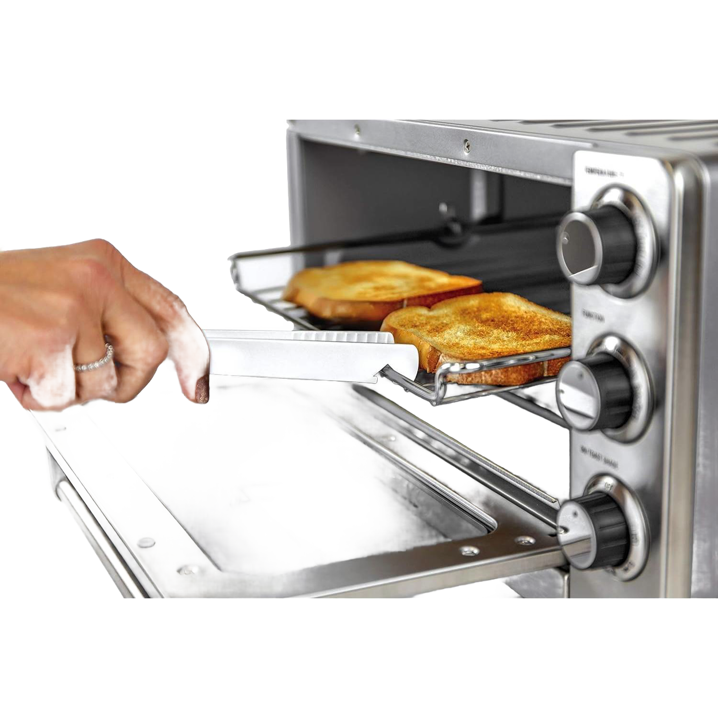 White heat-resistant silicone toaster tongs with serrated grip lifting toast from toaster oven under $50 kitchen storage tool