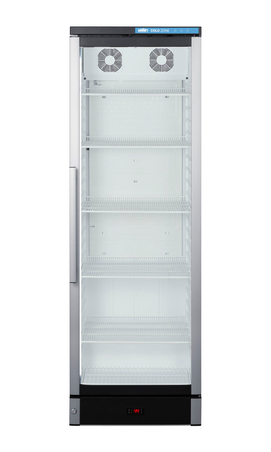 24-inch wide upright beverage center with glass door and multiple wire shelves in kitchen appliances collection