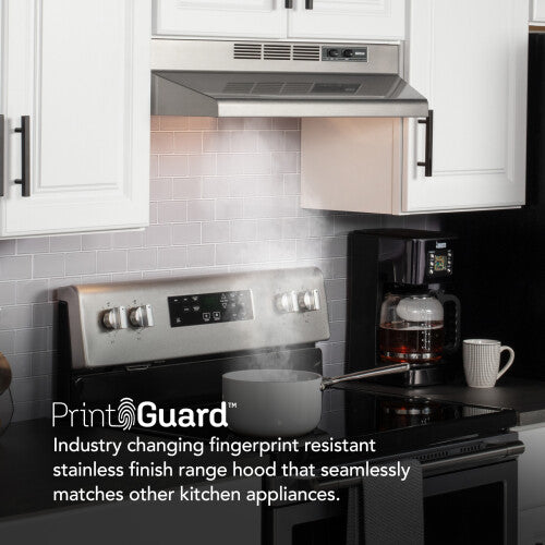 Under-cabinet stainless steel range hood with fingerprint-resistant finish in a modern kitchen setting from range hoods collection