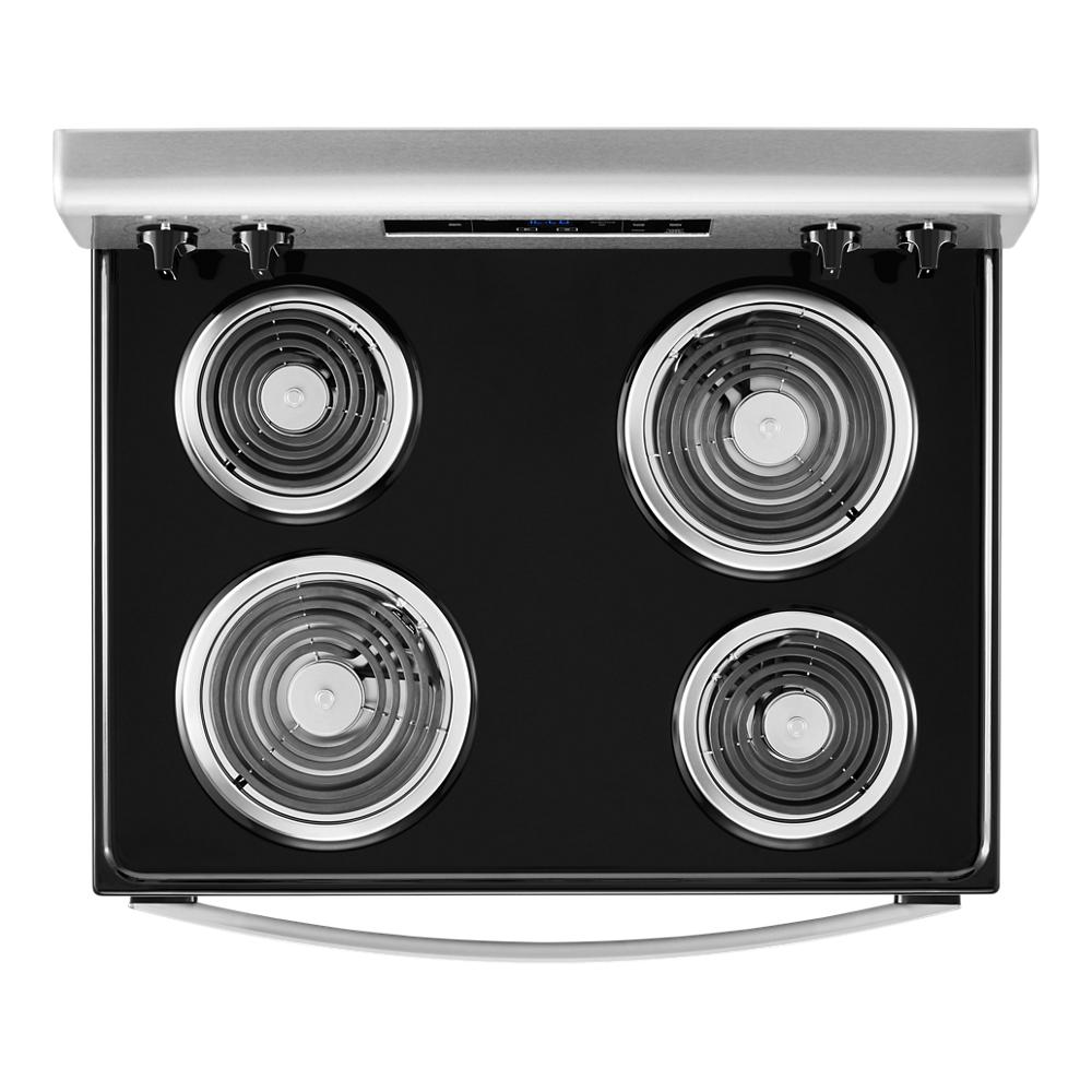 black electric range cooktop with four coil burners and stainless steel control panel for kitchen appliances
