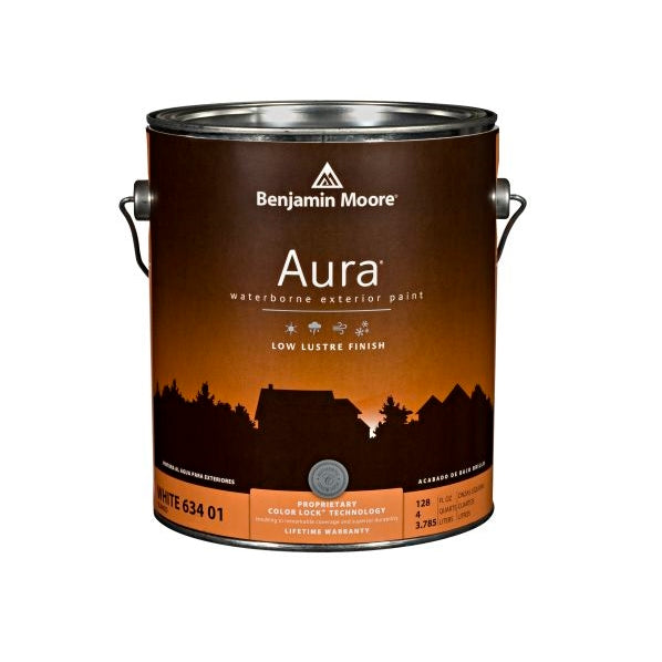 One gallon container of Benjamin Moore Aura 2X low lustre exterior paint for home improvement projects