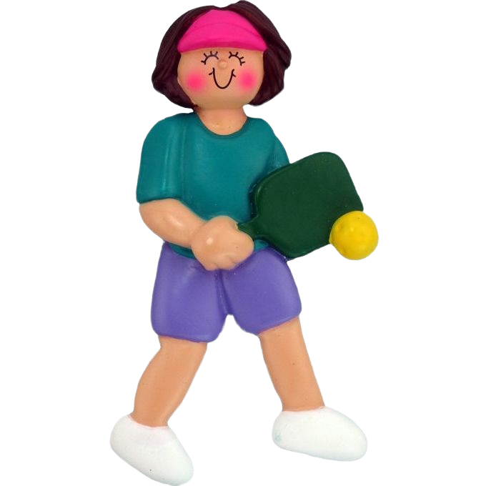Brunette female pickleball player ornament wearing teal top, purple shorts, and pink visor, festive Christmas decoration under $50