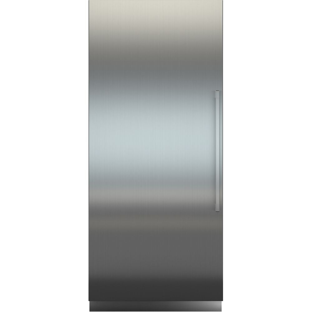 Tall stainless steel built-in freezer with right hinge and sleek handle in kitchen and appliances collection