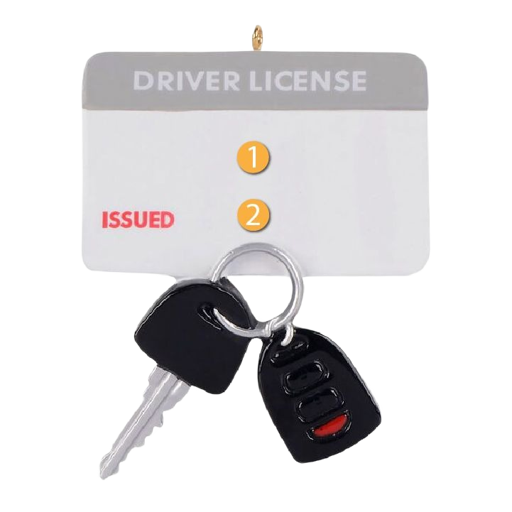 Personalized ornament resembling a driver’s license with attached car key and remote for Christmas decor under $50