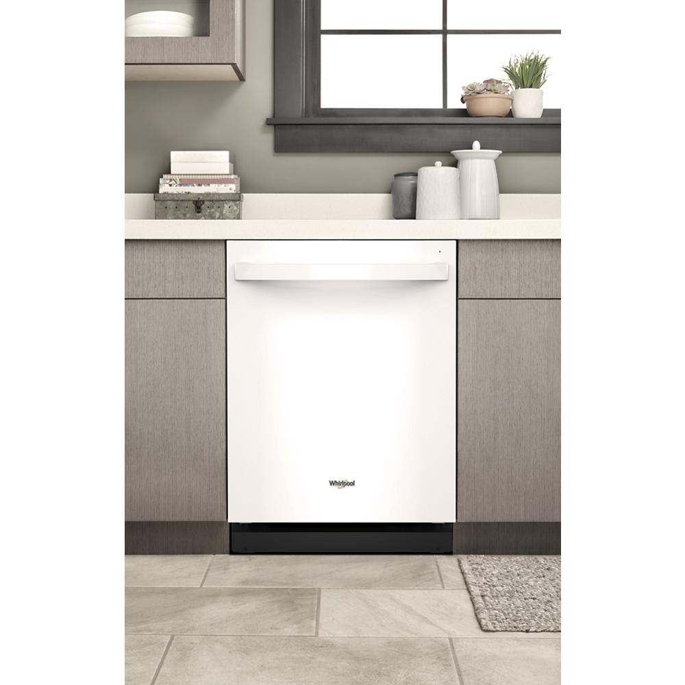 White built-in dishwasher with flush-mount design and black base in kitchen appliances and built-in dishwashers collection