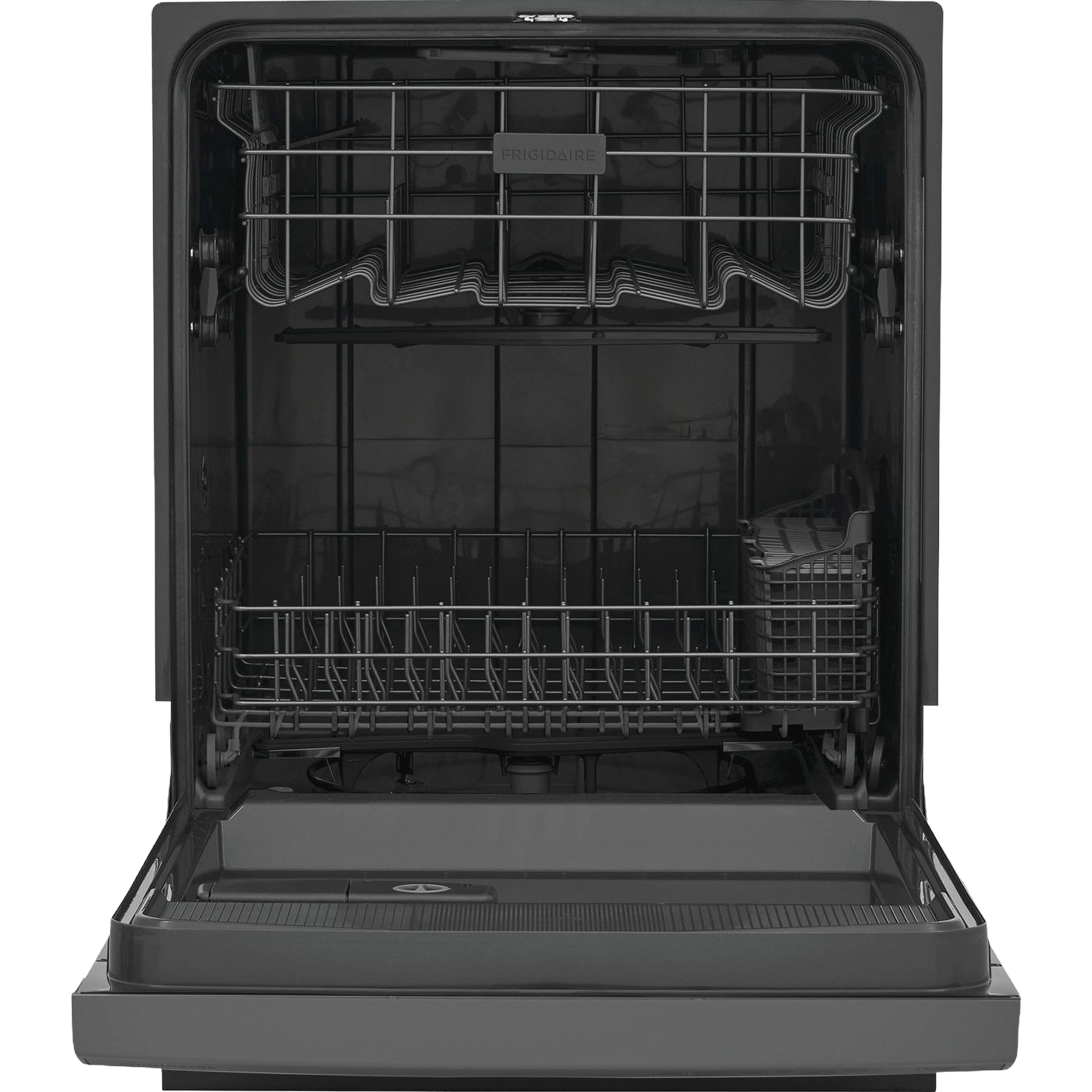 Open black built-in dishwasher showing empty racks and utensil basket for kitchen and home appliances