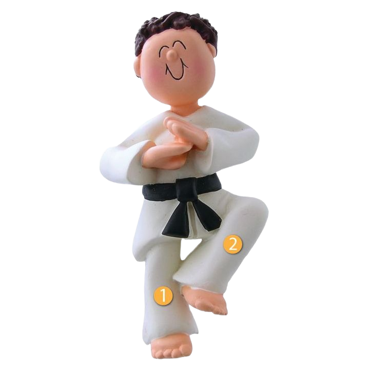 Brunette male karate figurine ornament in white uniform with black belt, Christmas Ornaments & Tree Decorations under $50