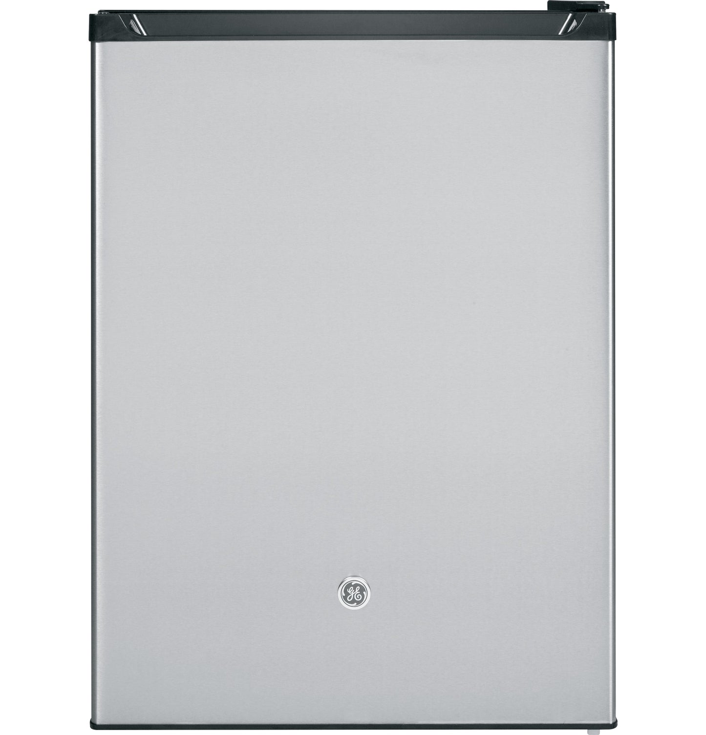 Compact stainless steel refrigerator with top black handle and GE logo for mini kitchen and appliance collections