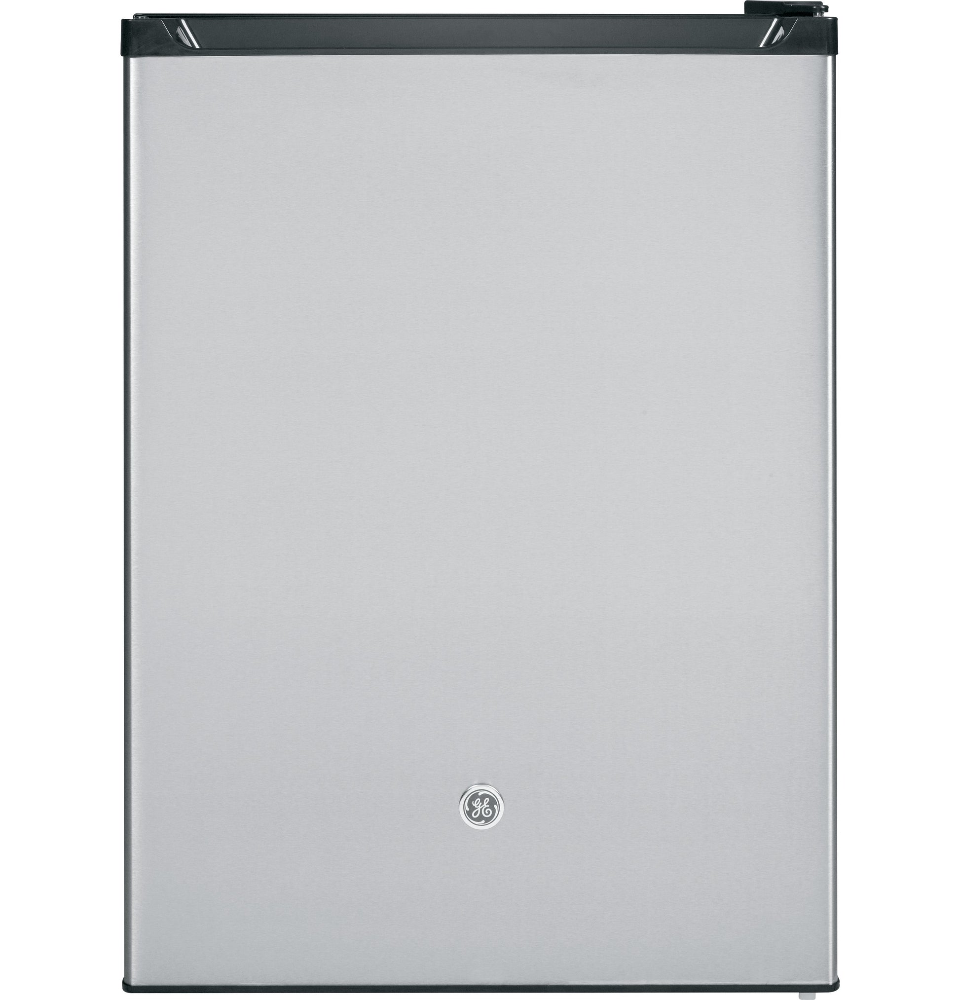 Compact stainless steel refrigerator with top black handle and GE logo for mini kitchen and appliance collections