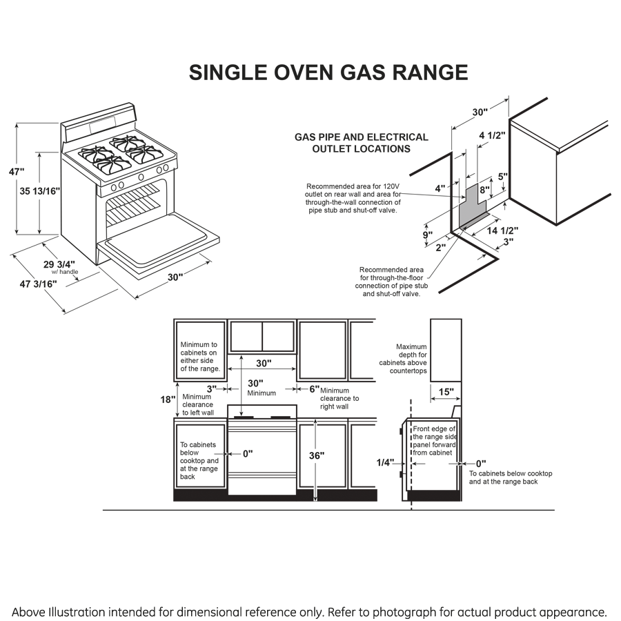 Technical diagram showing detailed dimensions and clearance guidelines for installing a 30-inch gas range in kitchen appliances collection.