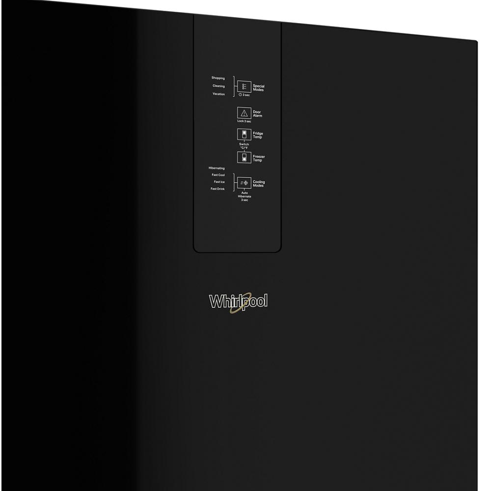 Glossy black bottom-freezer refrigerator door with digital control panel in refrigerators and kitchen appliances collection