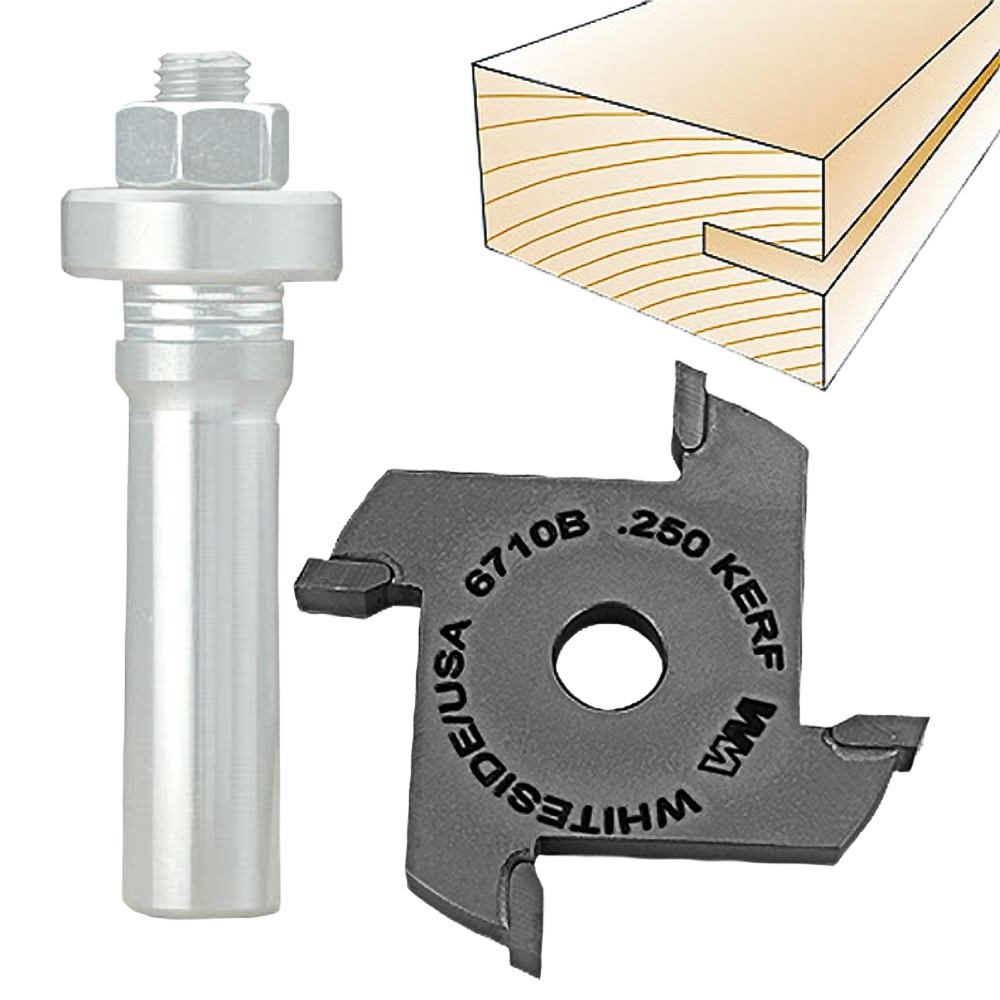 Carbide-tipped slotting cutter and guide bearing with groove illustration for tool accessories and home improvement