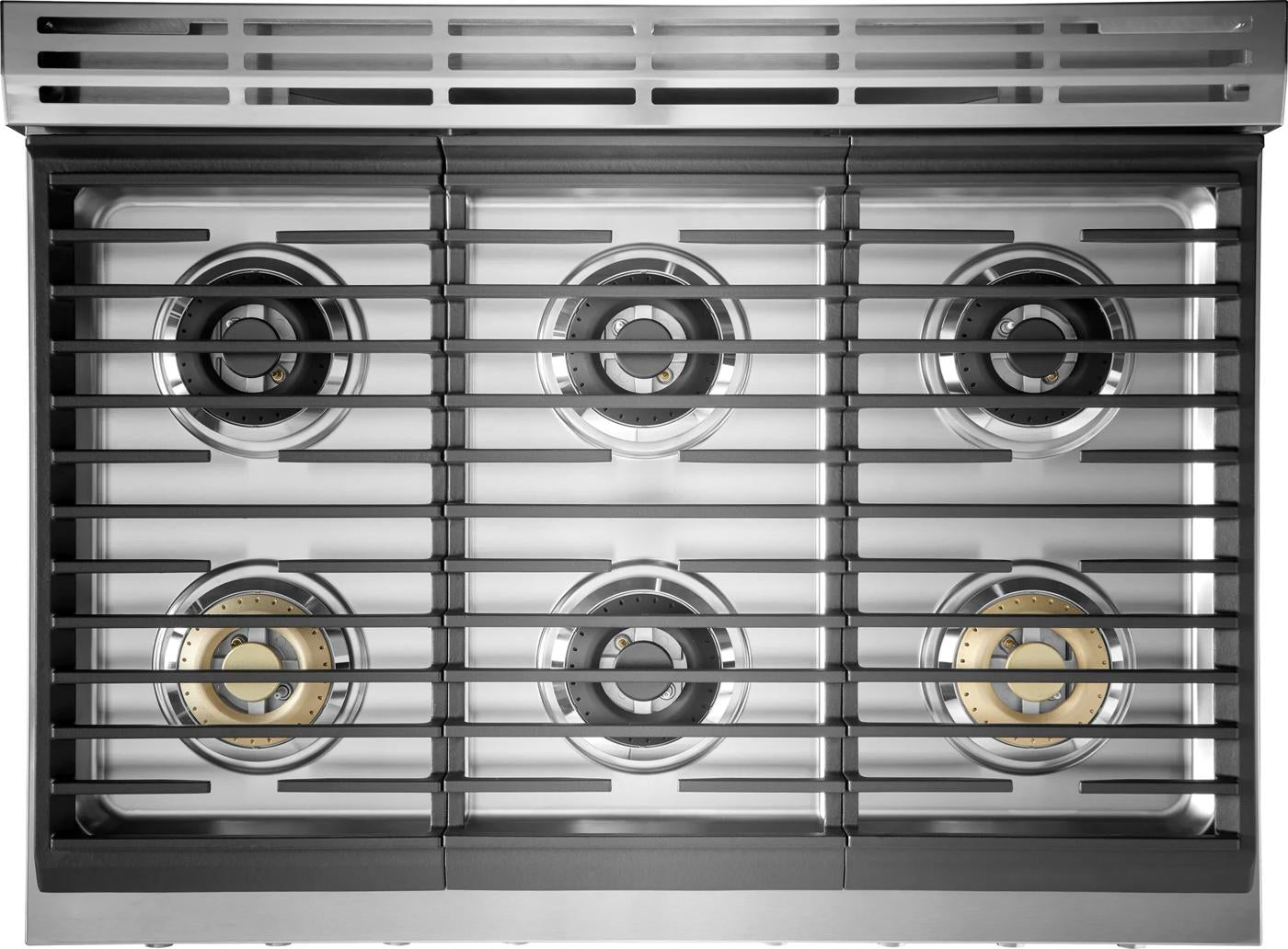 Top view of stainless steel six-burner gas cooktop with heavy-duty grates in kitchen appliance collection